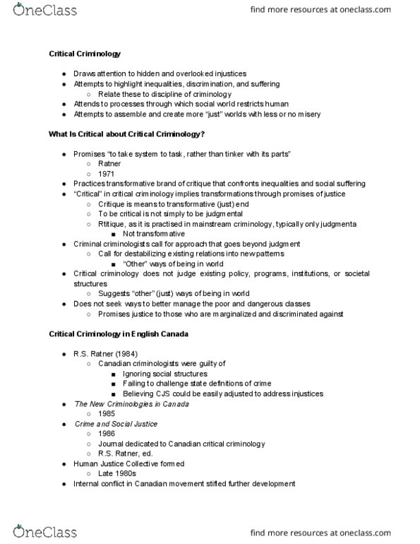 CRM 1300 Lecture Notes - Lecture 11: Critical Criminology, English Canada, Relate thumbnail