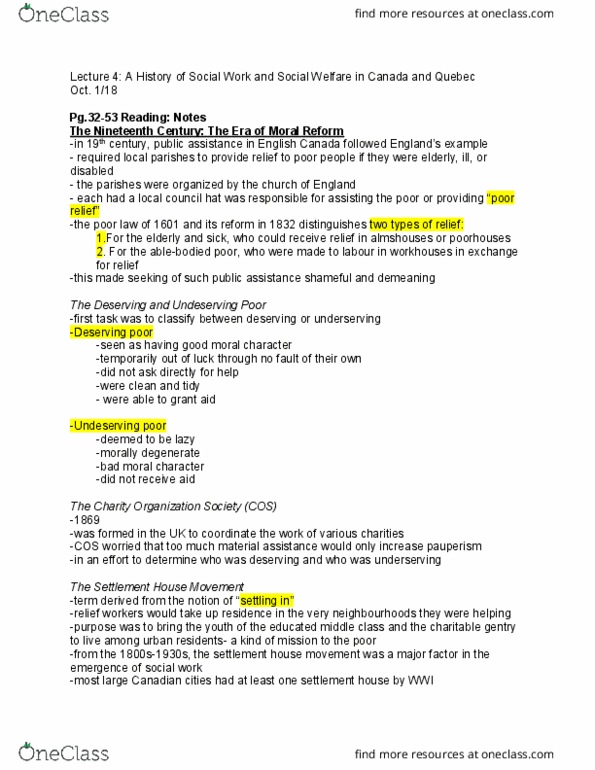 SOWK 1011 Lecture Notes - Lecture 4: Settlement Movement, Charity Organization Society, Pauperism thumbnail