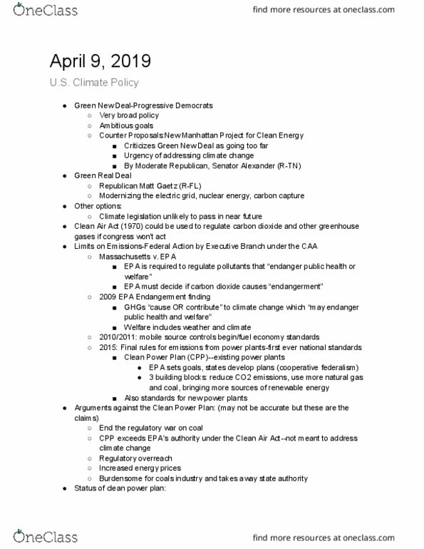 ENSP 102 Lecture Notes - Lecture 17: Clean Air Act (United States), Clean Power Plan, Green New Deal thumbnail