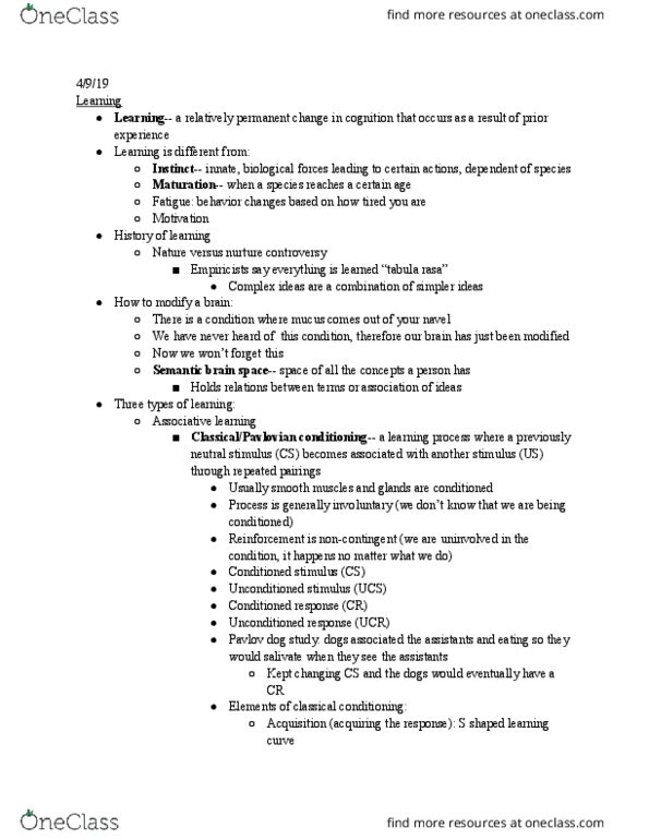 PSYC 1100 Lecture Notes - Lecture 23: Tabula Rasa, Learning, Classical Conditioning cover image