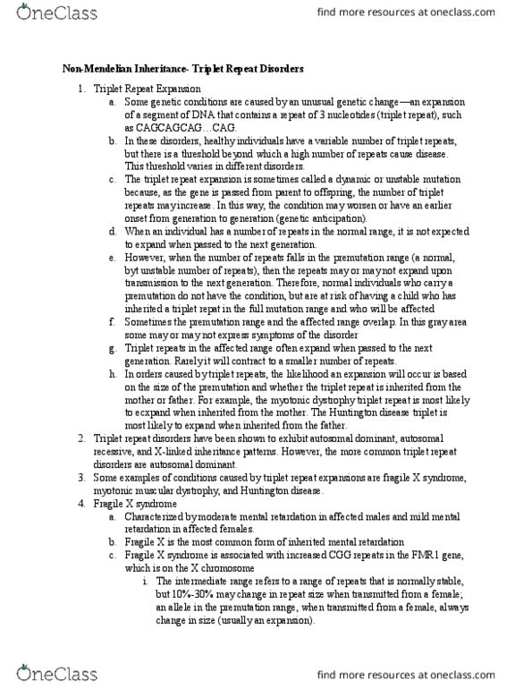 BIL 112 Lecture Notes - Lecture 12: Intellectual Disability, Fmr1, Genetic Counseling thumbnail