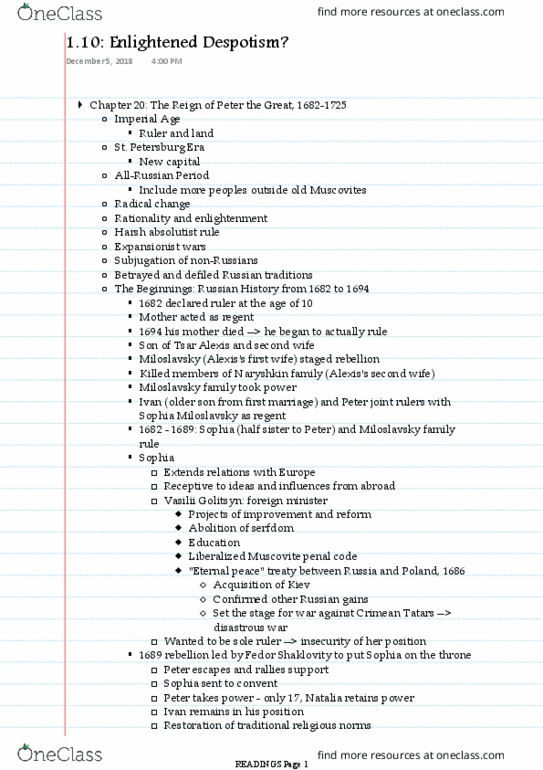 HIS250Y1 Chapter Notes - Chapter 10: Naryshkin Family, Radical Change, Rationality thumbnail