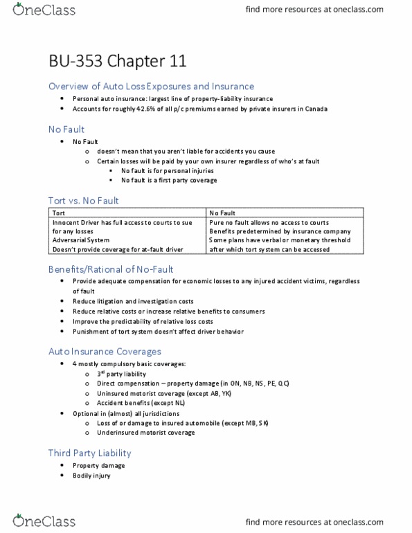 BU353 Lecture Notes - Lecture 11: Vehicle Insurance, Liability Insurance, Underinsured thumbnail