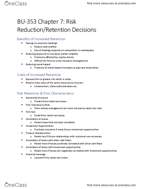 BU353 Lecture Notes - Lecture 7: Moral Hazard, Reinsurance thumbnail