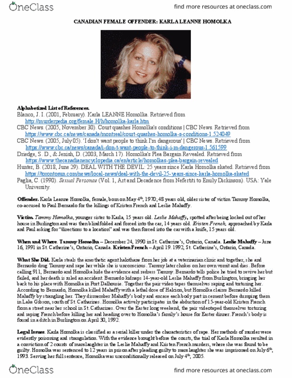 SOSC 2350 Lecture Notes - Lecture 6: Murder Of Tammy Homolka, Karla Homolka, Murder Of Leslie Mahaffy thumbnail