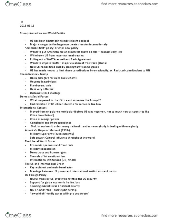 Political Science 2231E Lecture Notes - Lecture 2: North American Free Trade Agreement, Liberal Democracy, Hegemony thumbnail