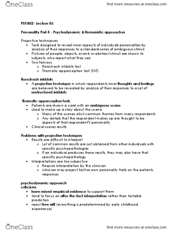 PSYA01H3 Lecture Notes - Lecture 12: Projective Test, Apperception, Psychopathology thumbnail