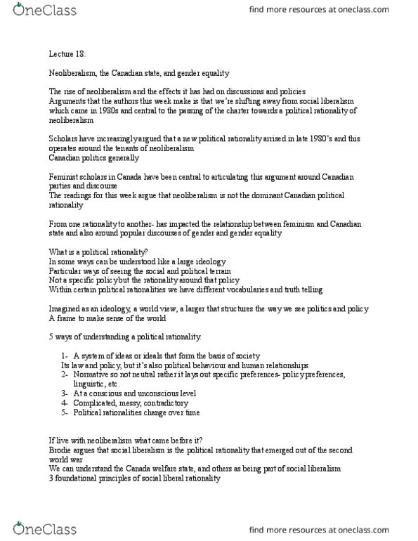 POLI 379 Lecture Notes - Lecture 18: Social Liberalism, Neoliberalism, Time In Canada thumbnail