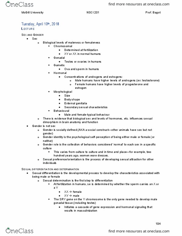 NSCI 201 Lecture Notes - Lecture 20: Sexual Differentiation, Y Chromosome, Ender Wiggin thumbnail