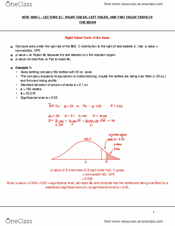 STAT 1000Q Lecture Notes - Lecture 23: Test Statistic, Standard Deviation, Disc Brake cover image