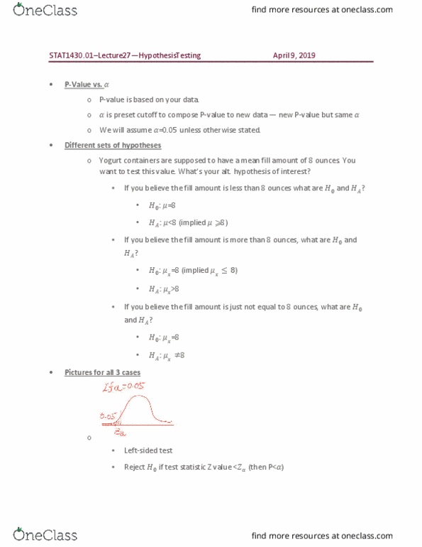 STAT 1430 Lecture Notes - Lecture 27: Yogurt, Test Statistic, Central Limit Theorem cover image