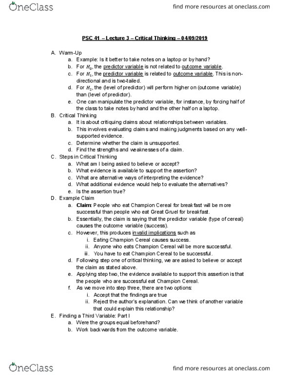 PSC 41 Lecture Notes - Lecture 3: Inductive Reasoning, Falsifiability, Random Assignment cover image