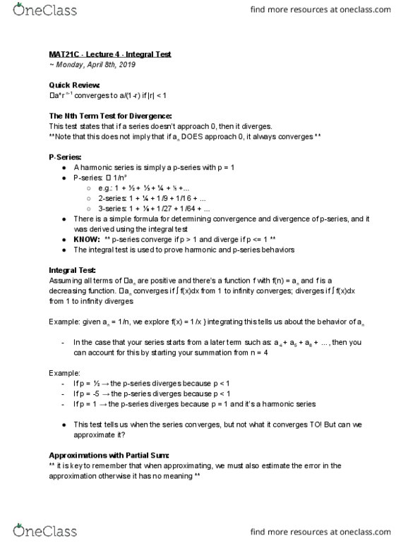 MAT 21C Lecture Notes - Lecture 4: Ibm System P, Integral Test For Convergence thumbnail