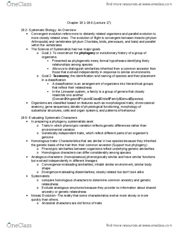 Biology 1001A Lecture Notes - Lecture 17: Systematic Biology, Linnaean Taxonomy, Parallel Evolution thumbnail