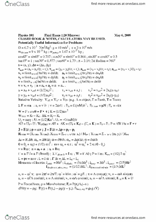 PHYS 101 Final: Final Exam - OneClass