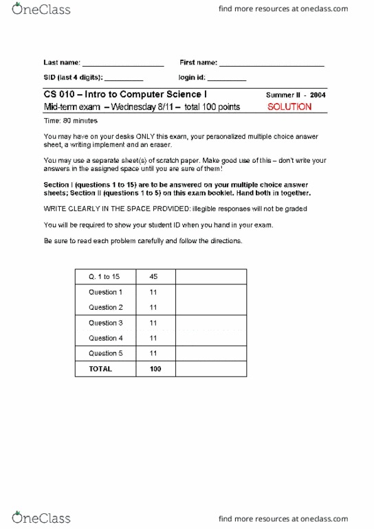 CS 010 Midterm: Mid-Term - OneClass