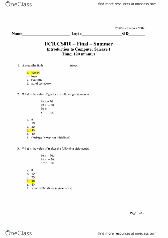 CS 010 Final Final Exam OneClass