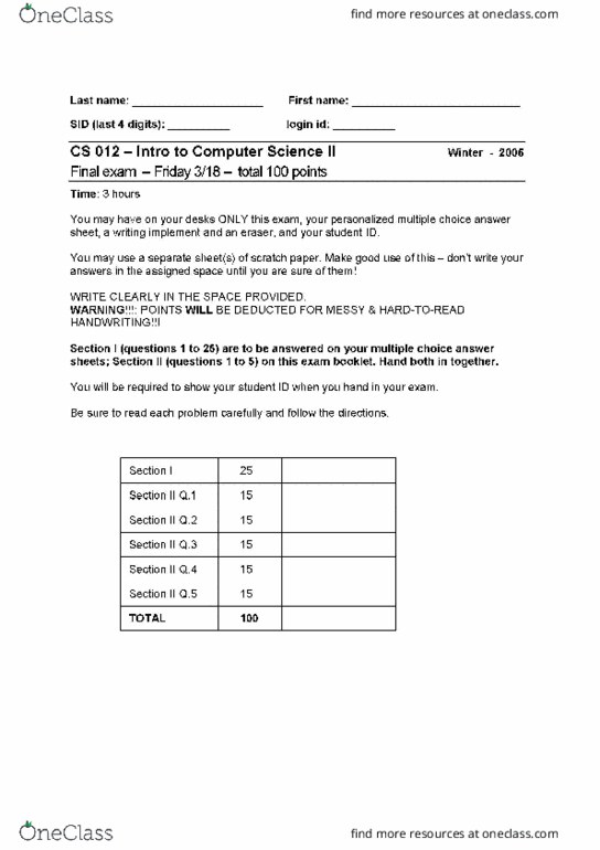 CS 012 Final Final Exam OneClass