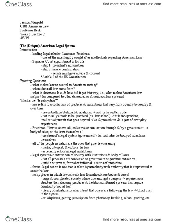 CRM/LAW C101 Lecture Notes - Lecture 2: Lawrence M. Friedman, Common Law, Cherry Picking thumbnail