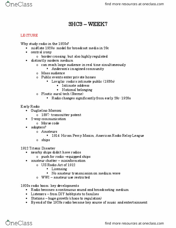 CMST 3HC3 Lecture Notes - Lecture 9: American Radio Relay League, Hiram Percy Maxim, Medium Wave thumbnail