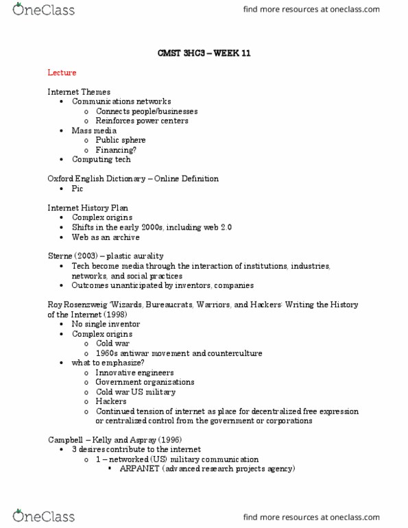 CMST 3HC3 Lecture Notes - Lecture 11: Oxford English Dictionary, Roy Rosenzweig, Counterculture Of The 1960S thumbnail