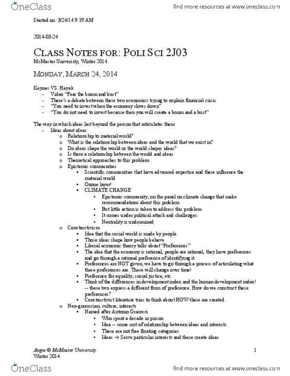 POLSCI 2J03 Lecture Notes - Antonio Gramsci, Epistemic Community, Working Class Culture thumbnail