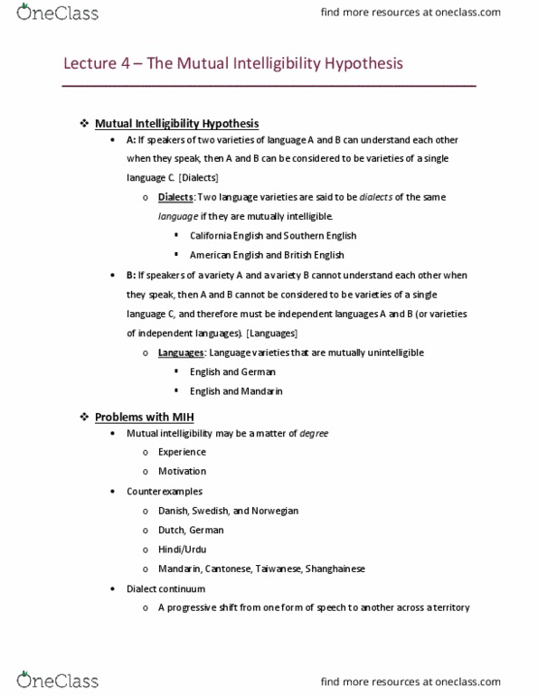 LIGN 8 Lecture Notes - Lecture 4: Mutual Intelligibility, Dialect Continuum, California English thumbnail