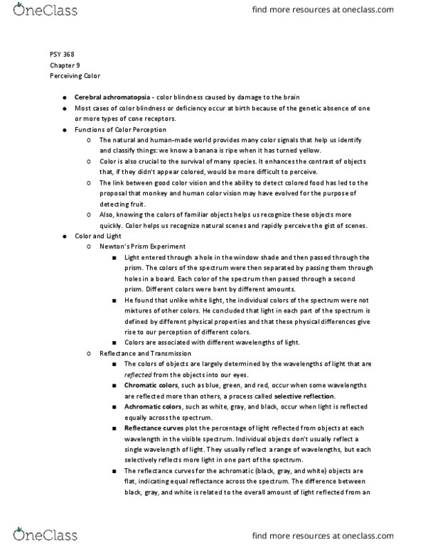 PSY 368 Chapter Notes - Chapter 9: Cerebral Achromatopsia, Color Vision, Achromatopsia thumbnail