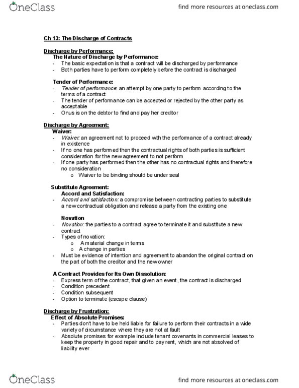 COMMERCE 4SD3 Chapter Notes - Chapter 13: Novation, Condition Subsequent, Condition Precedent thumbnail