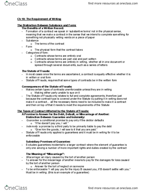 COMMERCE 4SD3 Chapter Notes - Chapter 10: Oral Contract, Miscarriage, Fax thumbnail