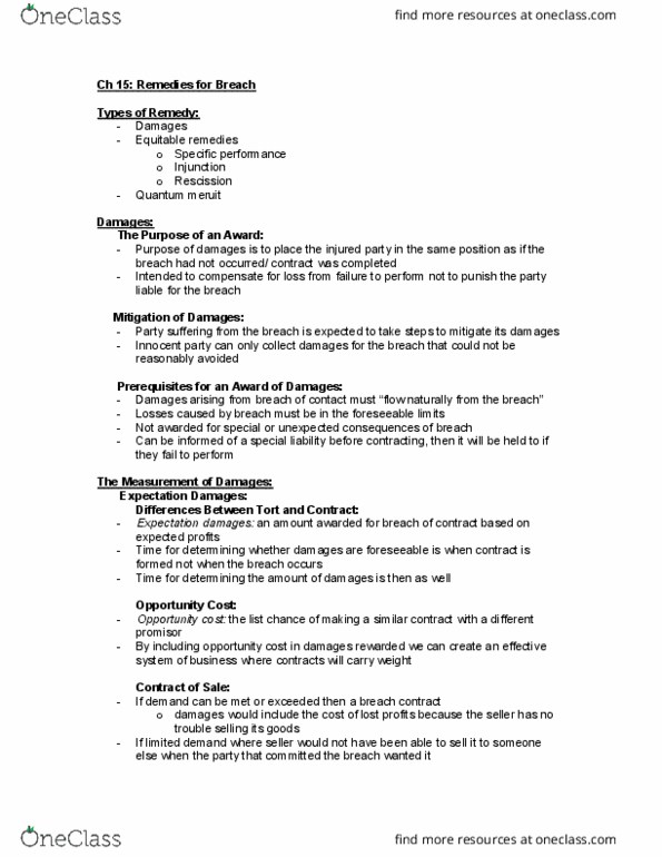 COMMERCE 4SD3 Chapter Notes - Chapter 15: Quantum Meruit, Equitable Remedy, Expectation Damages thumbnail