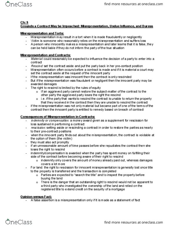 COMMERCE 4SD3 Chapter Notes - Chapter 9: Rescission, Precontract, Undue Influence thumbnail