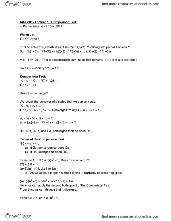 MAT 21C Lecture Notes - Lecture 5: Telescoping Series, Partial Fraction Decomposition, Integral Test For Convergence cover image