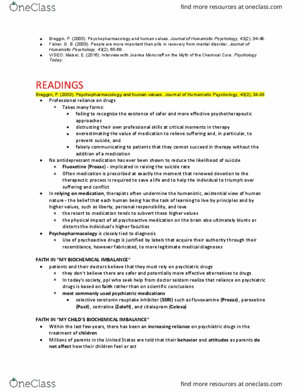 PSYC 3140 Lecture Notes - Lecture 1: Psychiatric Medication, Fluvoxamine, Citalopram thumbnail