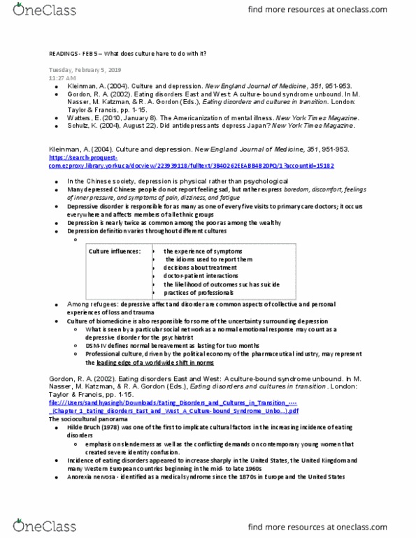 PSYC 3140 Lecture Notes - Lecture 9: Taylor & Francis, Anorexia Nervosa, Eating Disorder thumbnail