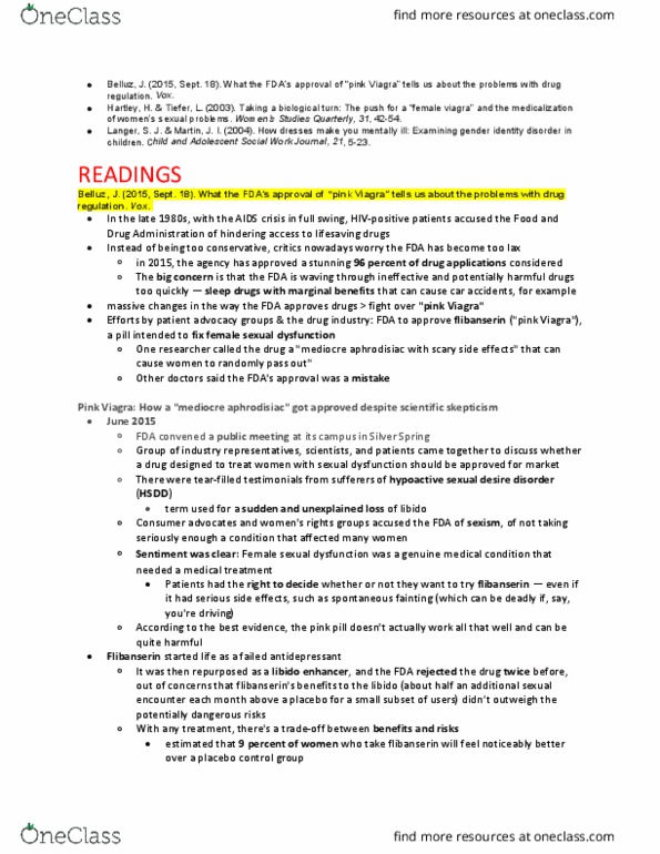 PSYC 3140 Lecture Notes - Lecture 2: Hypoactive Sexual Desire Disorder, Female Sexual Arousal Disorder, Flibanserin thumbnail