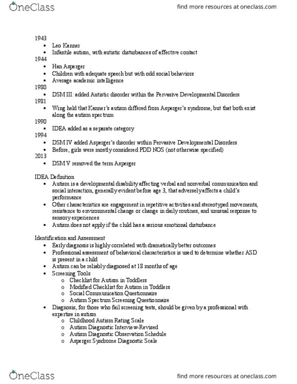 EXED 341 Lecture Notes - Lecture 12: Childhood Autism Rating Scale, Leo Kanner, Asperger Syndrome thumbnail