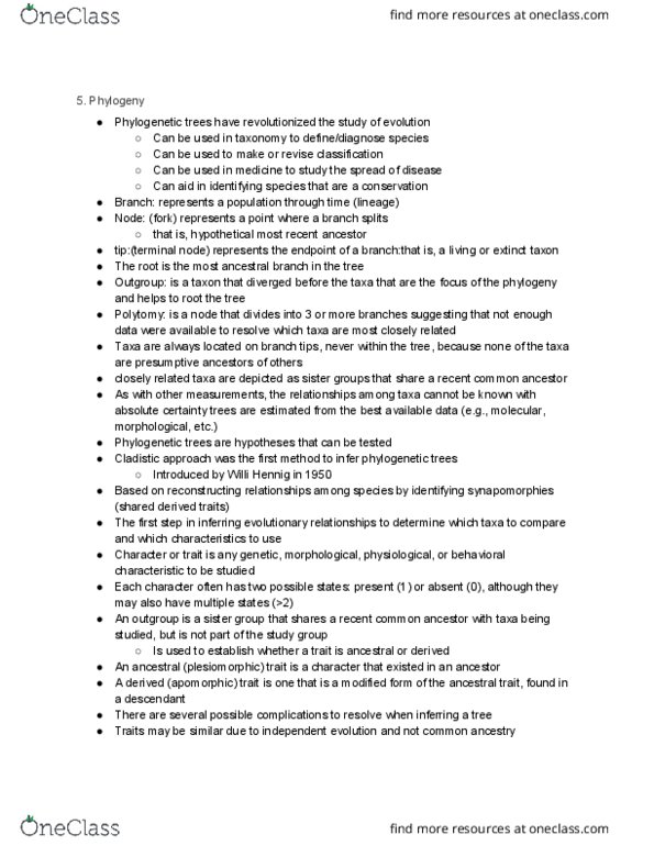 BIOL 112 Lecture Notes - Lecture 5: Willi Hennig, Synapomorphy, Genetic Distance thumbnail