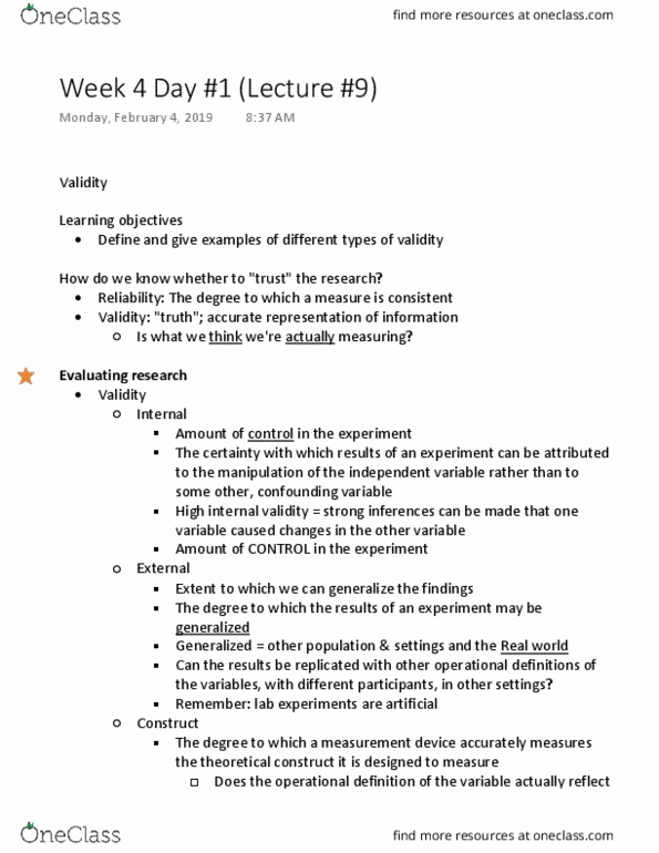 Kinesiology 2032A/B Lecture Notes - Lecture 9: Confounding, Internal Validity, Operational Definition thumbnail
