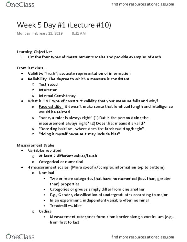 Kinesiology 2032A/B Lecture Notes - Lecture 10: Construct Validity, Face Validity, Dependent And Independent Variables thumbnail