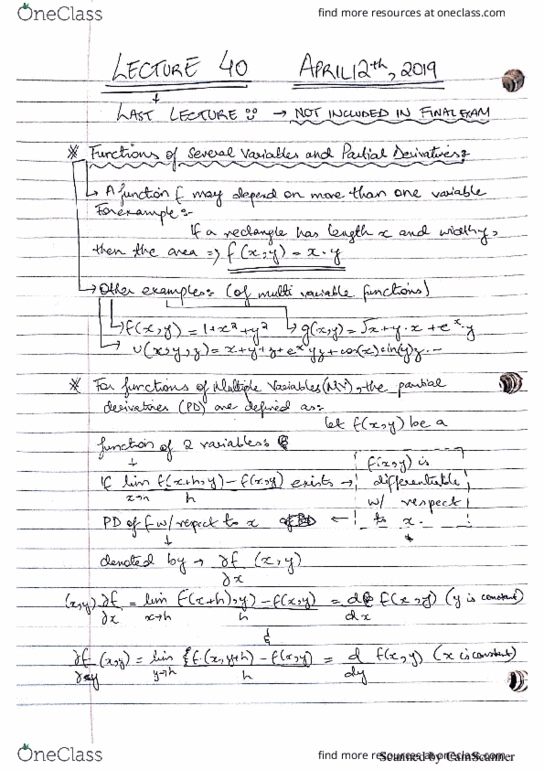 MATH 265 Lecture 40: Multi-Variable Partial Derivatives cover image