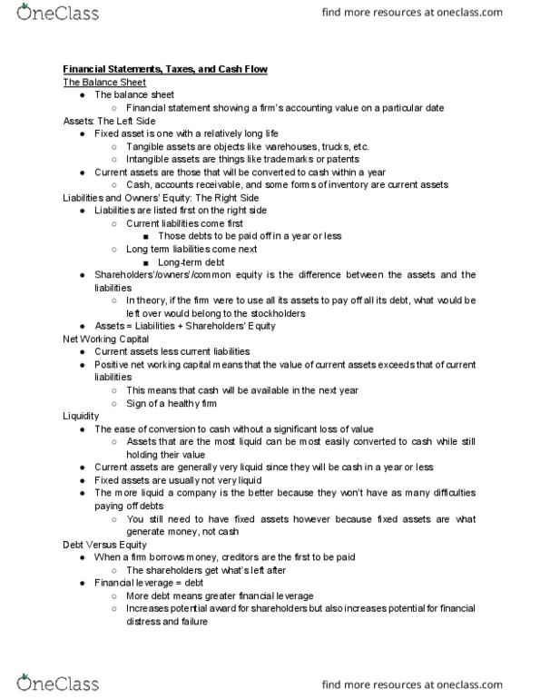 MGT 181 Chapter Notes - Chapter 2: Fixed Asset, Current Liability, Cash Flow thumbnail