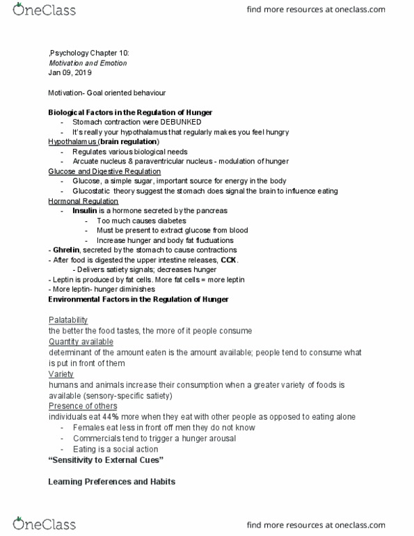 PSYC 1030H Chapter Notes - Chapter 10: Paraventricular Nucleus Of Hypothalamus, Arcuate Nucleus, Leptin thumbnail