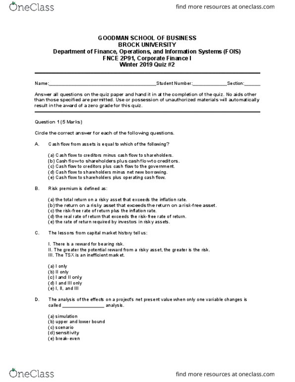 FNCE 2P91 Lecture 2 FNCE 2P91 Chapter 6 Lecture Notes Pt 1