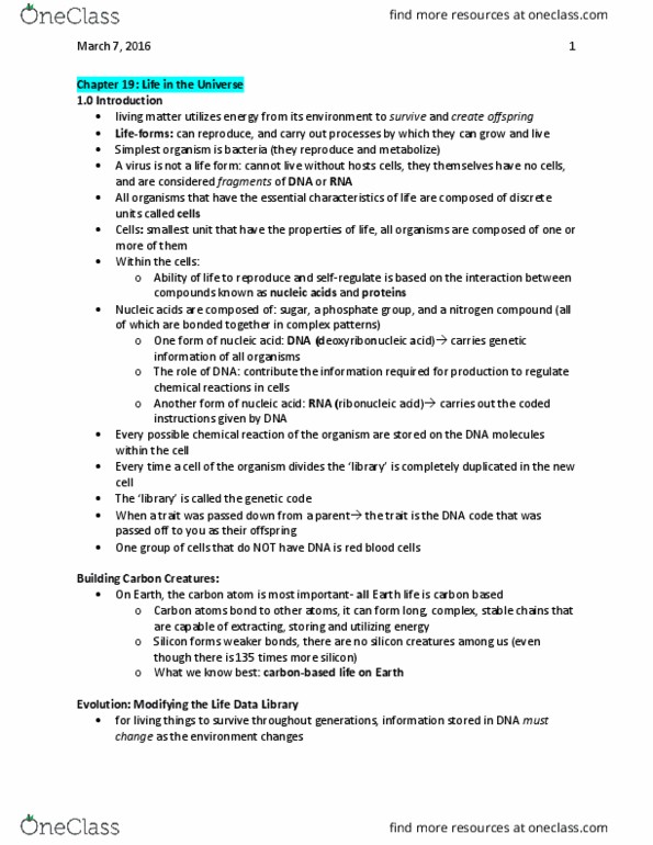 Earth Sciences 1086F/G Chapter Notes - Chapter 19: Cell Nucleus, Stanley Miller, Ultraviolet thumbnail