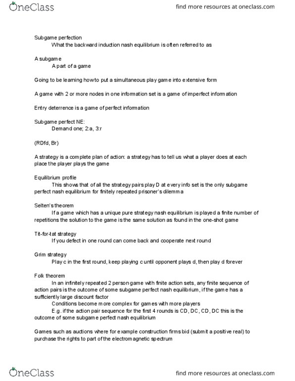 ECON 1108 Lecture Notes - Lecture 7: Subgame Perfect Equilibrium, Nash Equilibrium, Subgame thumbnail