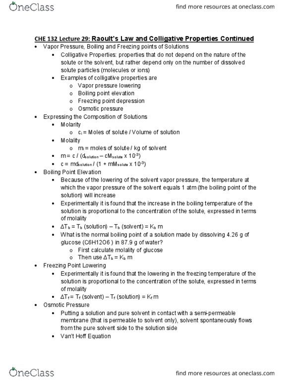 CHE 132 Lecture Notes - Lecture 32: Boiling-Point Elevation, Freezing-Point Depression, Boiling Point cover image