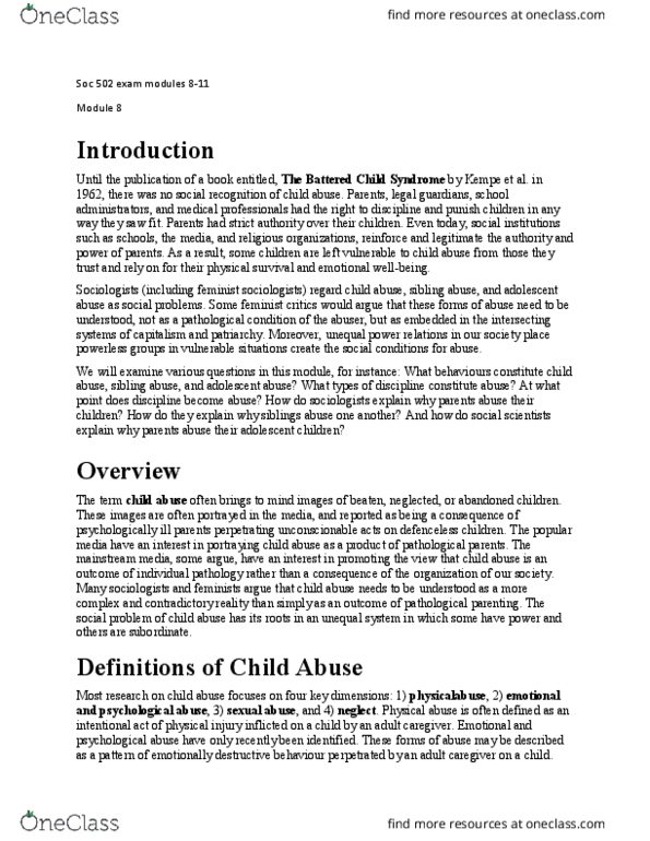 SOC 502 Lecture Notes - Lecture 6: Sibling Abuse, Child Discipline, Psychological Abuse thumbnail