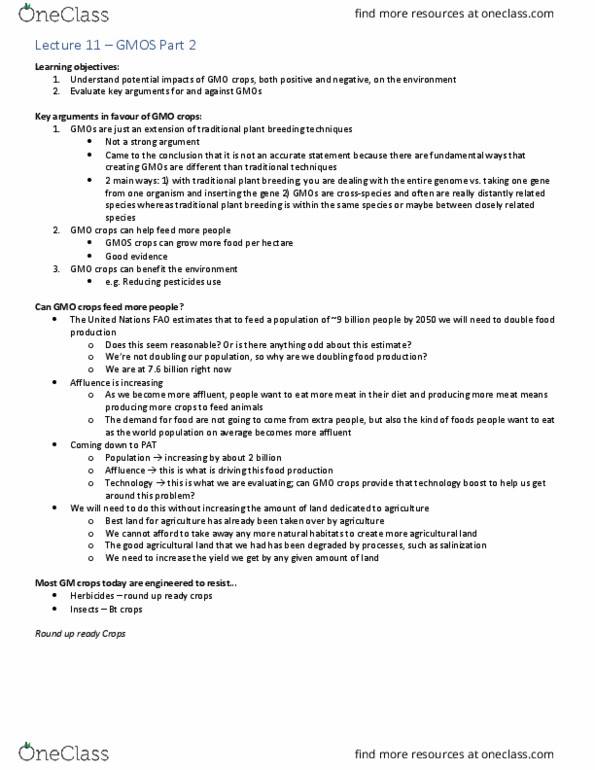 Biology 2485B Lecture Notes - Lecture 11: Genetically Modified Crops, Plant Breeding, Pesticide Resistance thumbnail