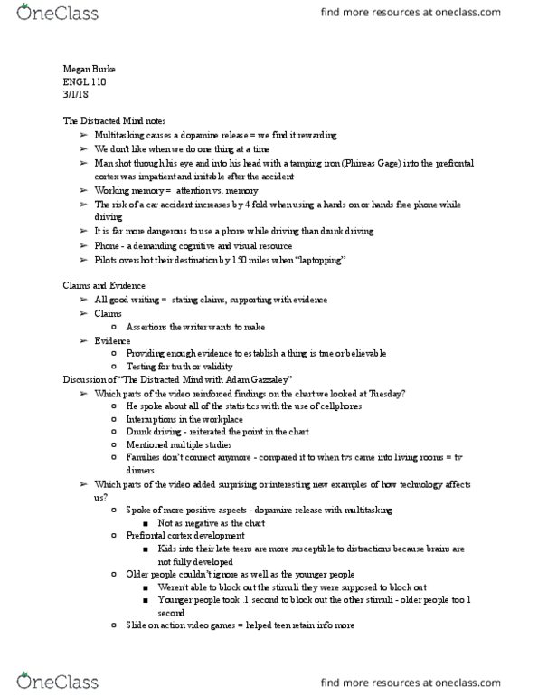 ENGL110 Lecture Notes - Lecture 9: Phineas Gage, Prefrontal Cortex, Working Memory thumbnail